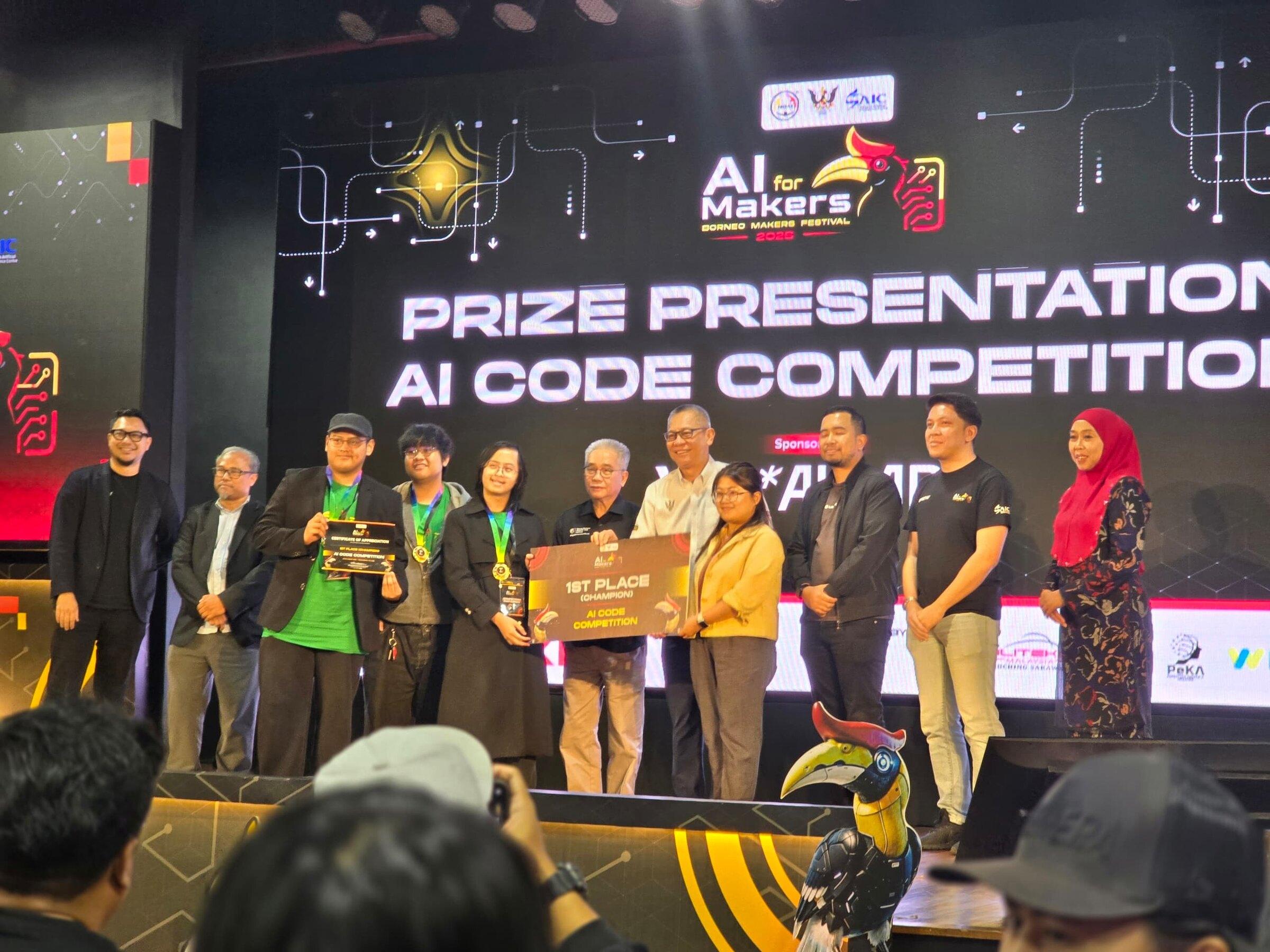 Prize presentation for the AI Code Competition on the AI For Makers stage with judges and officials