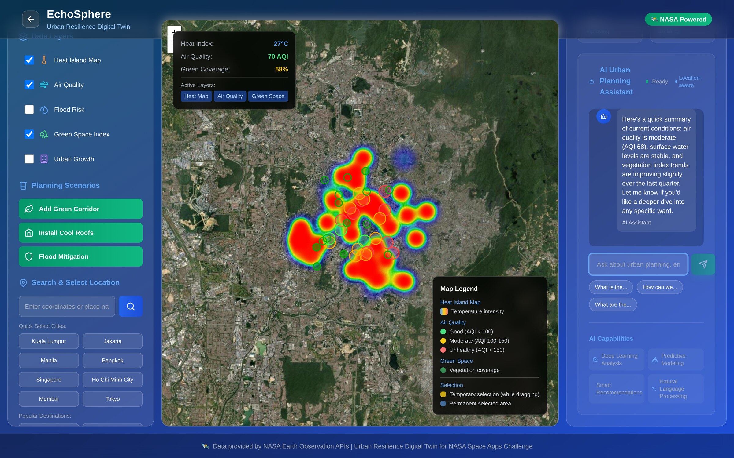 EchoSphere dashboard with a satellite map heat overlay, planning scenarios and an AI urban planning assistant