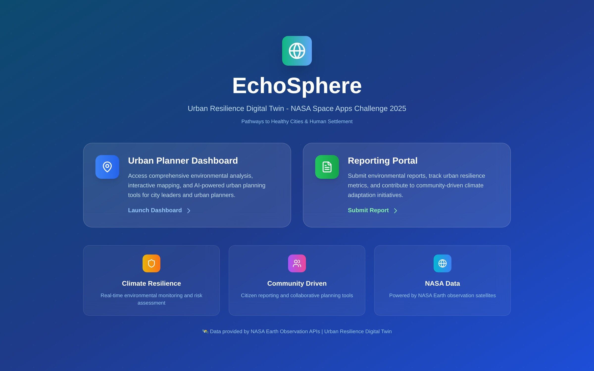 EchoSphere main menu with the urban planner dashboard and reporting portal