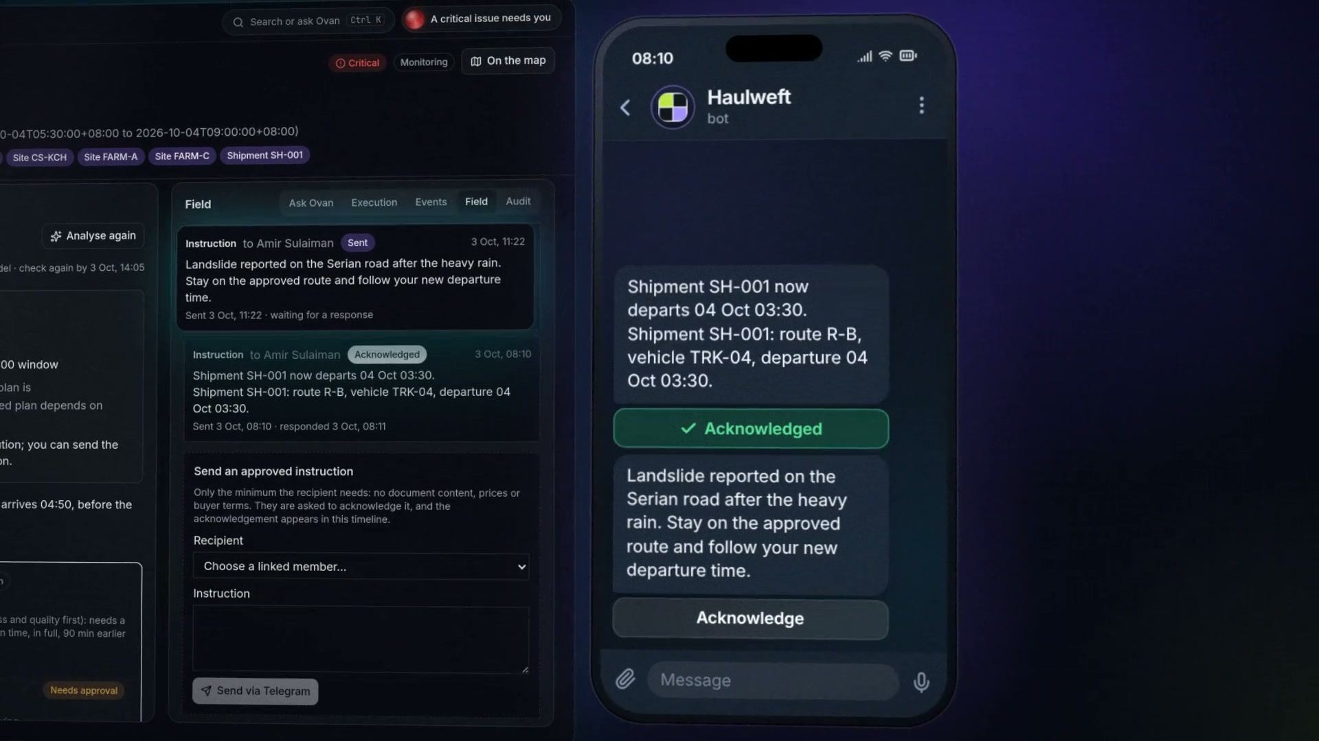 Haulweft sending an approved instruction to a driver through a Telegram chat on a phone
