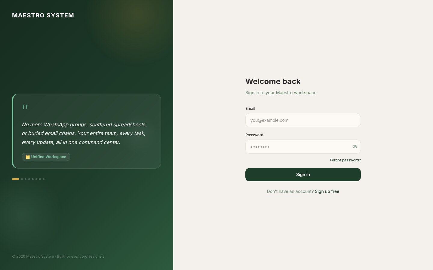 MAESTRO sign-in page: welcome back to your Maestro workspace